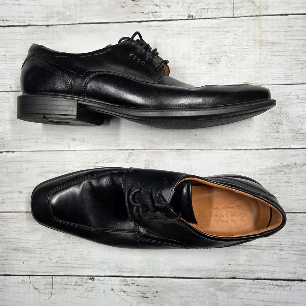 ECCO Bicycle Toe Derby Dress Shoes Mens 44 Black Leather Square Toe Lace